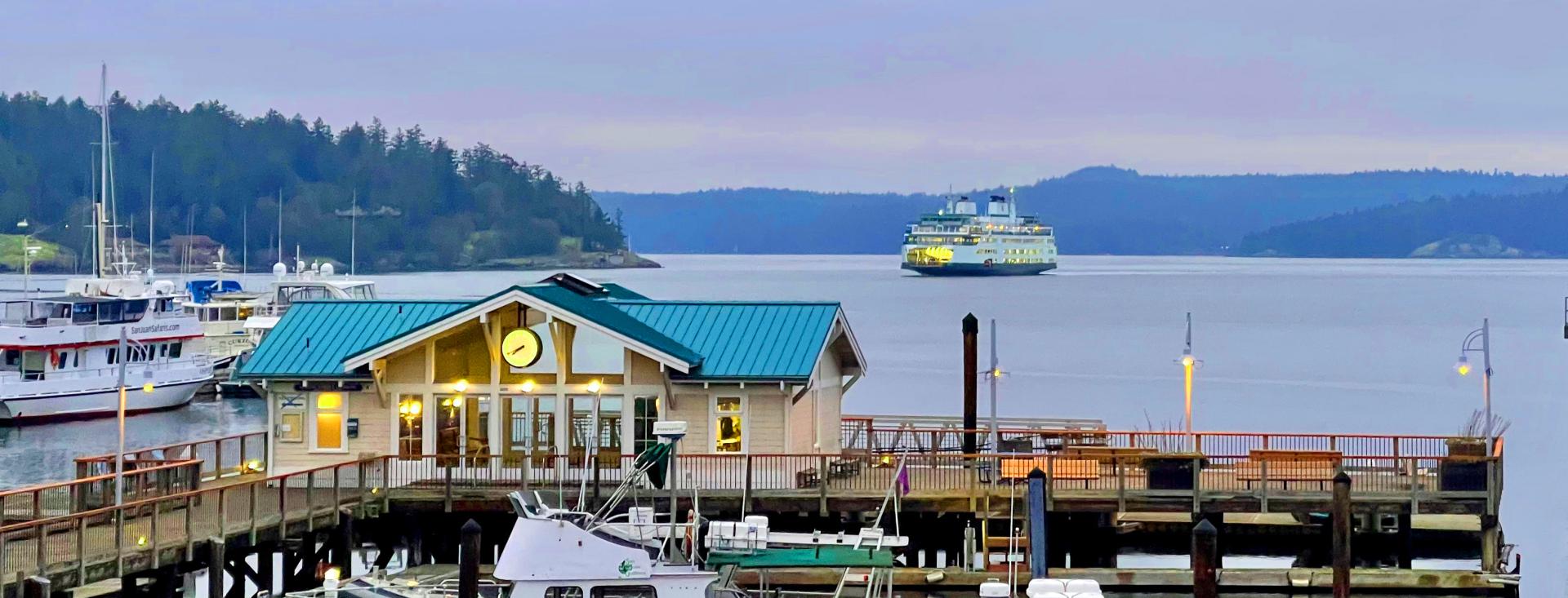 Winter Clock Dock with Ferry Friday Harbor