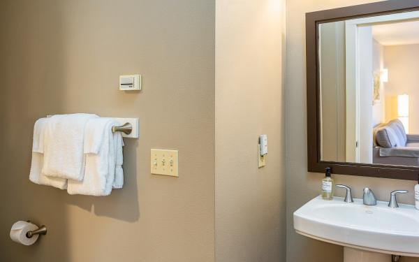 Bathroom area in Bainbridge room at Bird Rock Hotel on San Juan Island, Washington